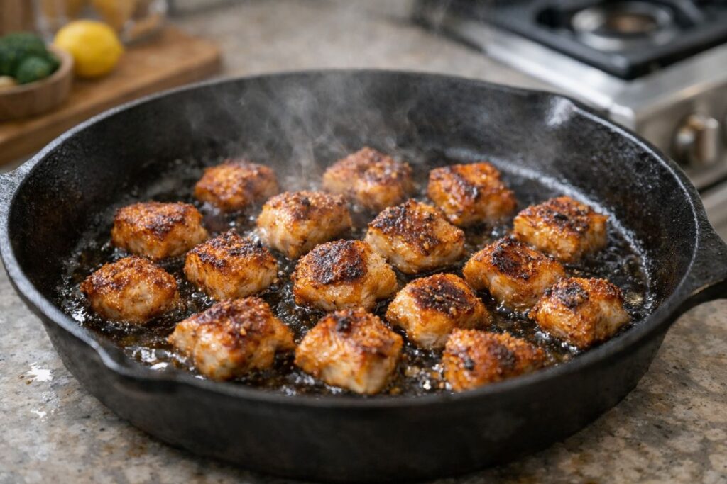 Golden brown chicken bites searing in a cast iron skillet with shimmering oil.