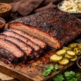 smoked beef brisket sliced and served on a rustic wooden board