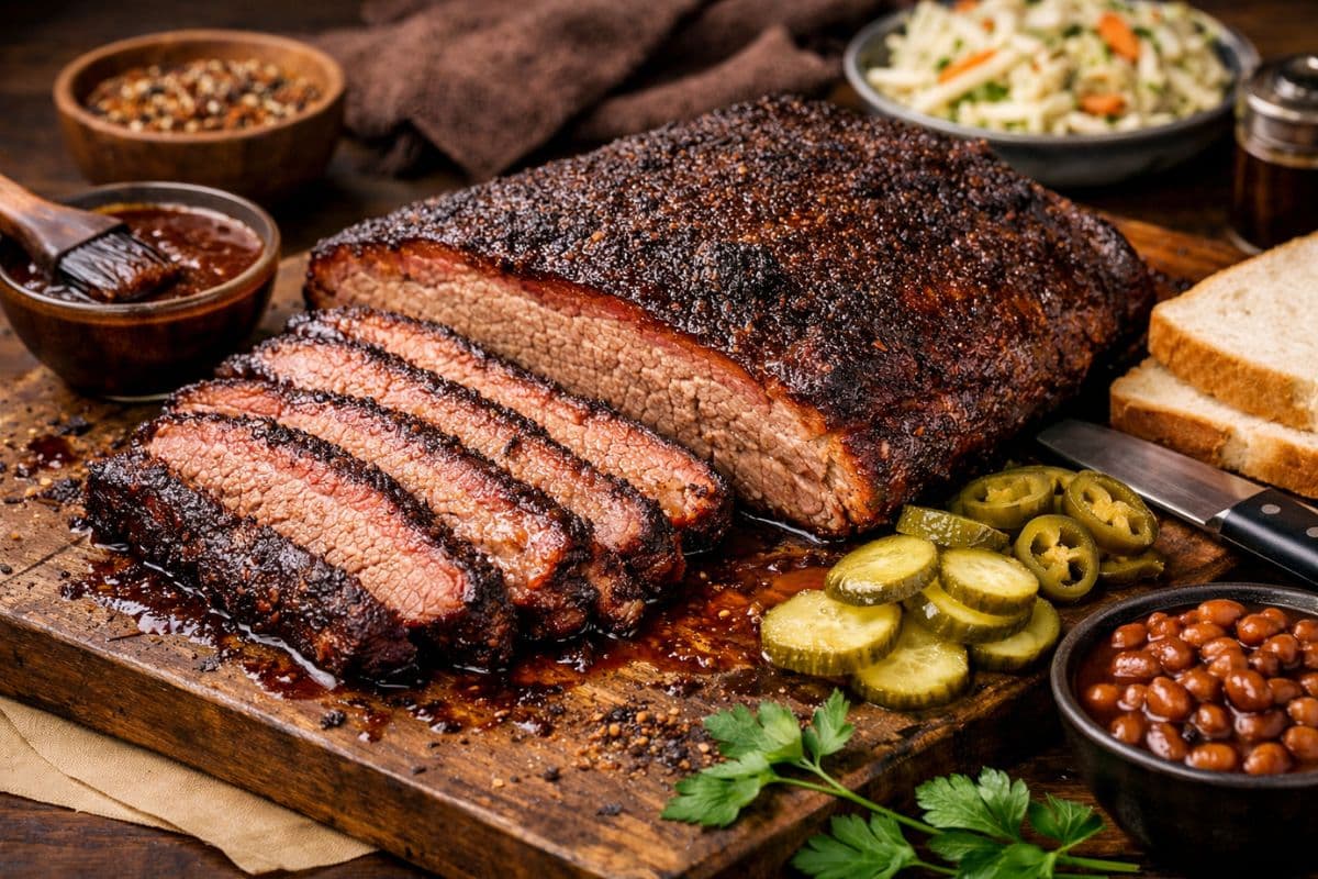 smoked beef brisket sliced and served on a rustic wooden board