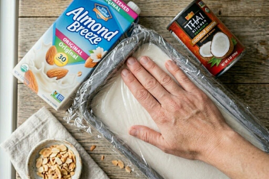 Pressing plastic wrap onto homemade dairy free ice cream without machine to prevent ice crystals.