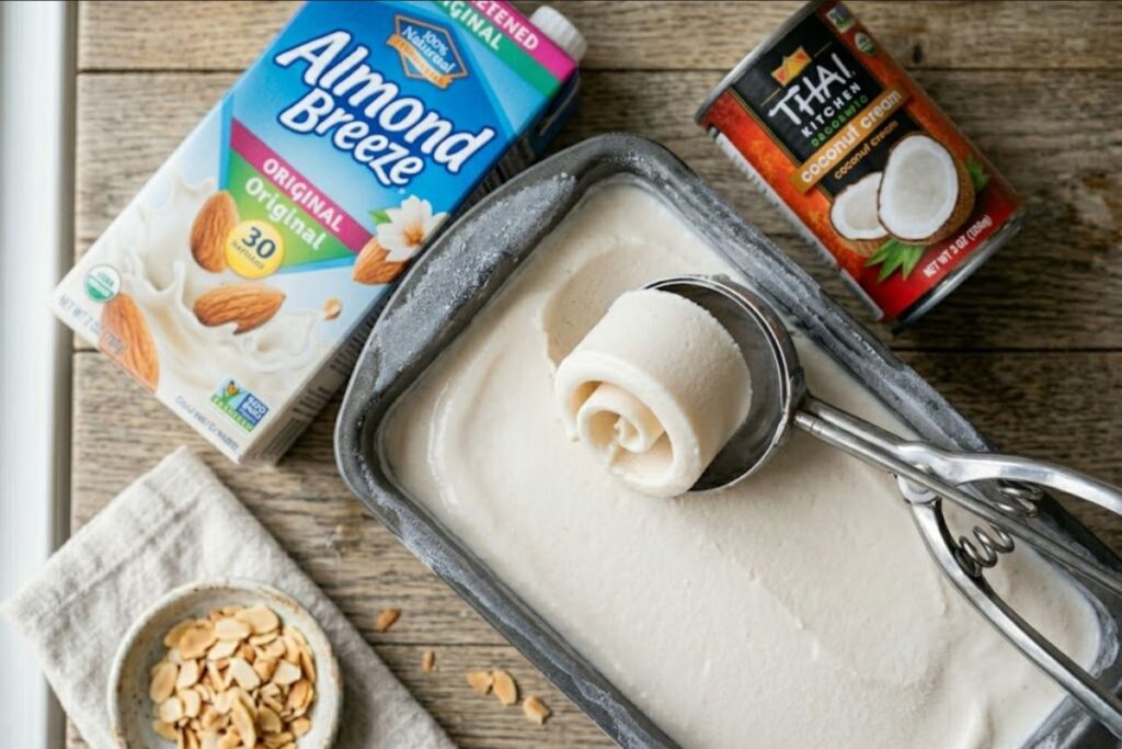 Scooping a perfectly smooth ball of vegan summer dessert out of a pan.