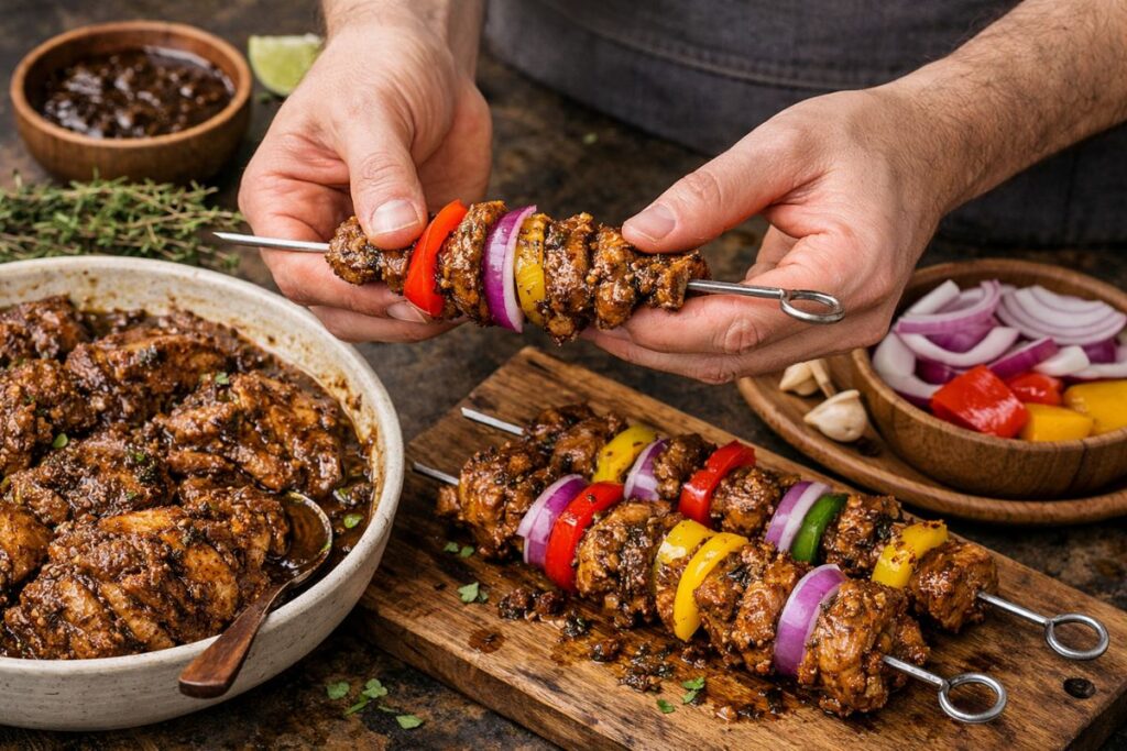 Threading marinated jerk chicken, peppers, and onions onto skewers