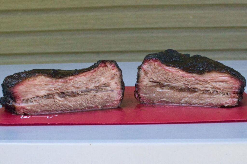 Side-by-side comparison of smoked brisket showing a dark, crusty good bark versus a soft, underdeveloped bad bark highlighting differences in texture and smoke formation.
