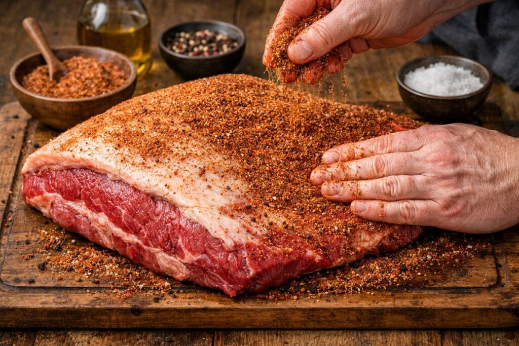 Beef brisket being coated with spice dry rub mixture for smoky barbecue flavor