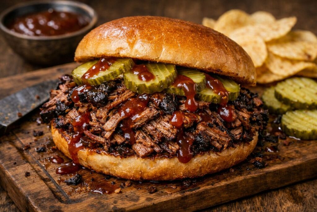 Shredded beef brisket served in sandwich bun with pickles and BBQ sauce