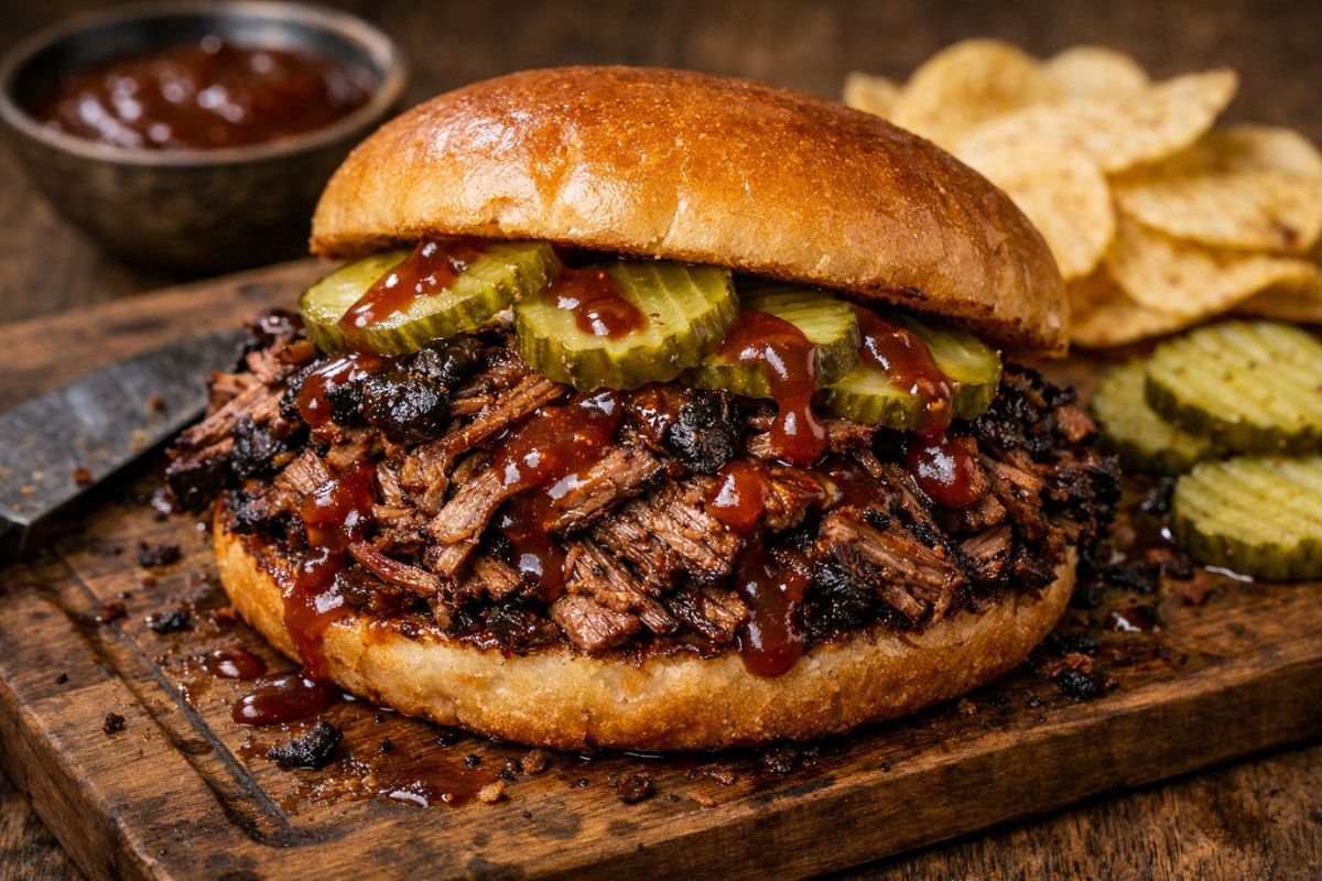 Shredded beef brisket served in sandwich bun with pickles and BBQ sauce
