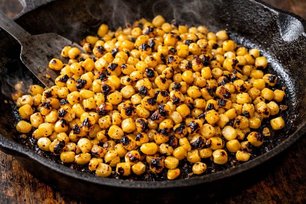 Fresh yellow corn kernels getting charred and caramelized in a hot cast-iron skillet to add a smoky flavor to an easy Cowboy Caviar recipe.