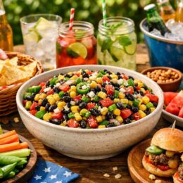 A beautiful summer outdoor party table spread featuring a wide ceramic bowl of healthy Cowboy Caviar surrounded by cold drinks and party snacks.