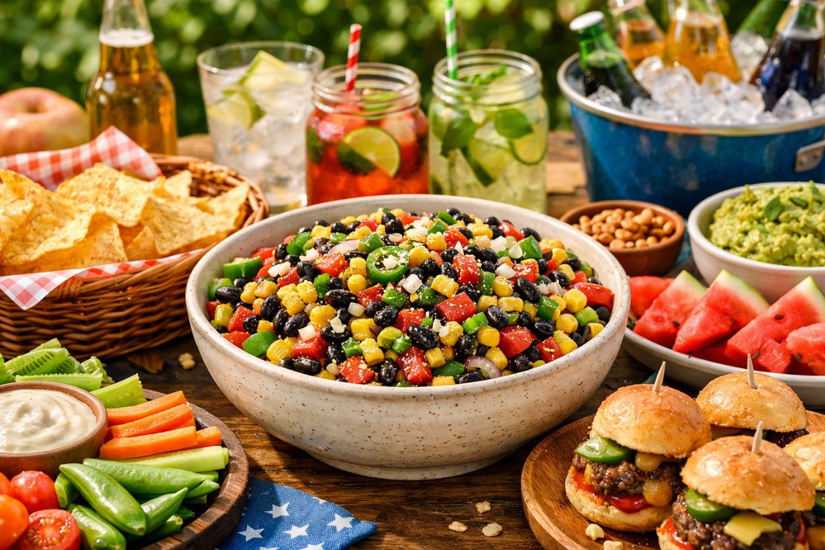 A beautiful summer outdoor party table spread featuring a wide ceramic bowl of healthy Cowboy Caviar surrounded by cold drinks and party snacks.