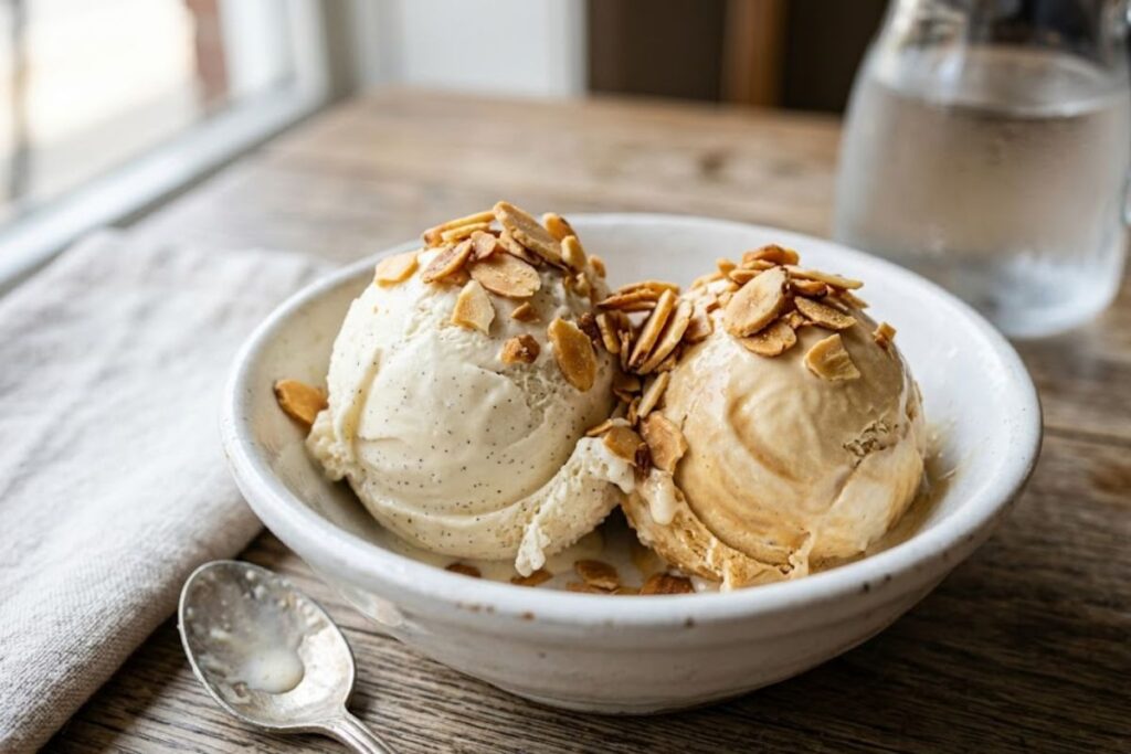 Creamy scoop of homemade dairy free ice cream without machine in a white bowl.