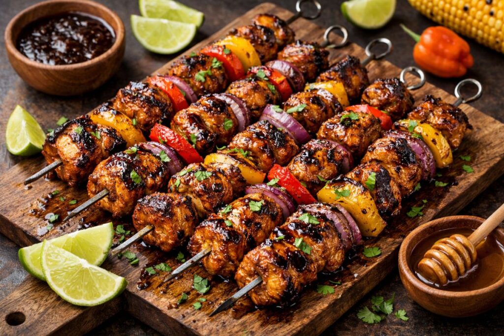Honey-lime Jamaican jerk chicken skewers grilled with peppers and onions
