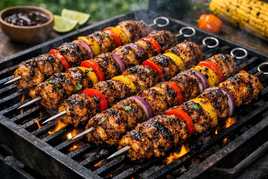 Jamaican jerk chicken skewers cooking on an outdoor grill