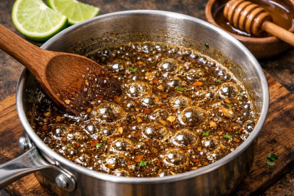 Homemade honey lime glaze simmering in a saucepan