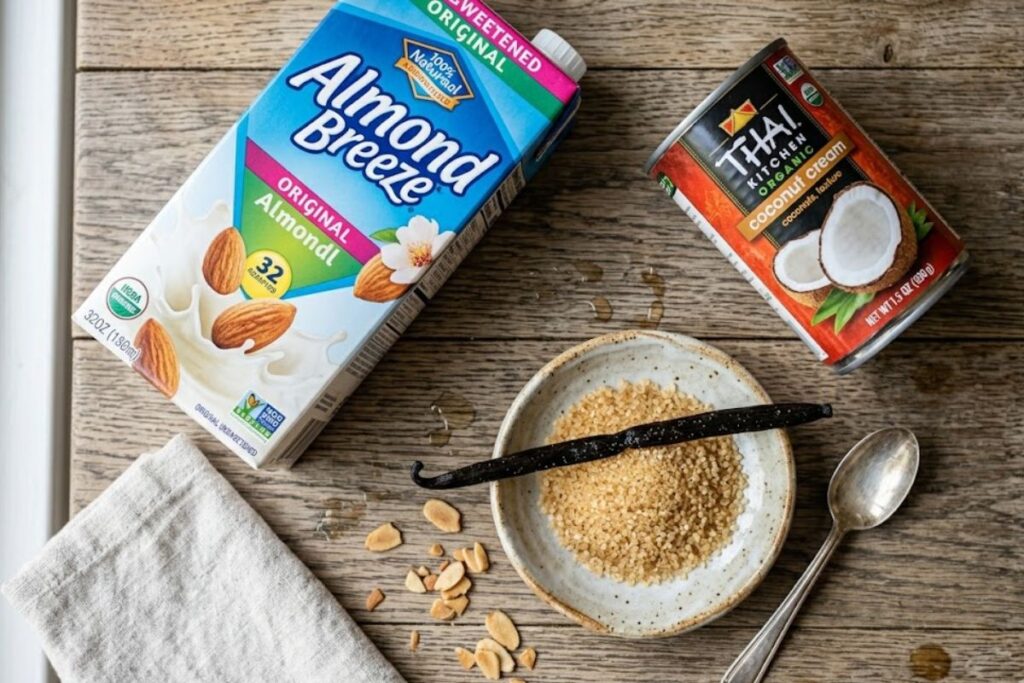 Ingredients for making no churn almond milk ice cream spread on a wooden table.