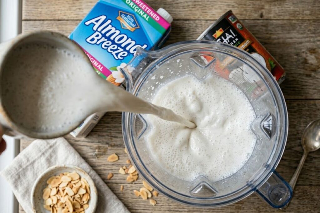Pouring coconut cream and milk into a blender for almond milk ice cream no churn style.