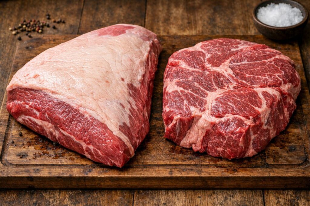 Raw beef brisket and chuck roast placed side by side showing texture and fat marbling differences