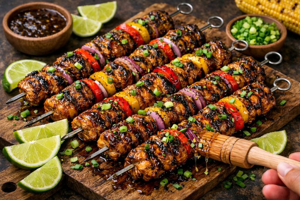 Grilled Jamaican jerk chicken skewers served with lime wedges and scallions