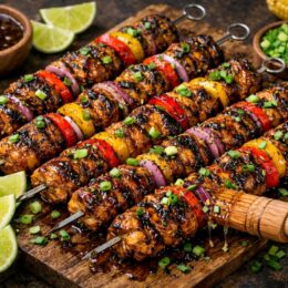 Jamaican jerk chicken served with coconut rice, mango salsa, and grilled pineapple