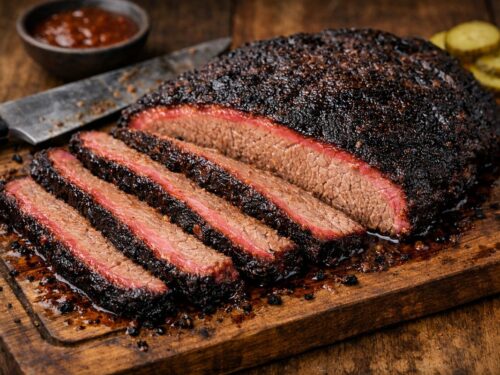 Juicy sliced beef brisket showing pink smoke ring and bark crust on cutting board