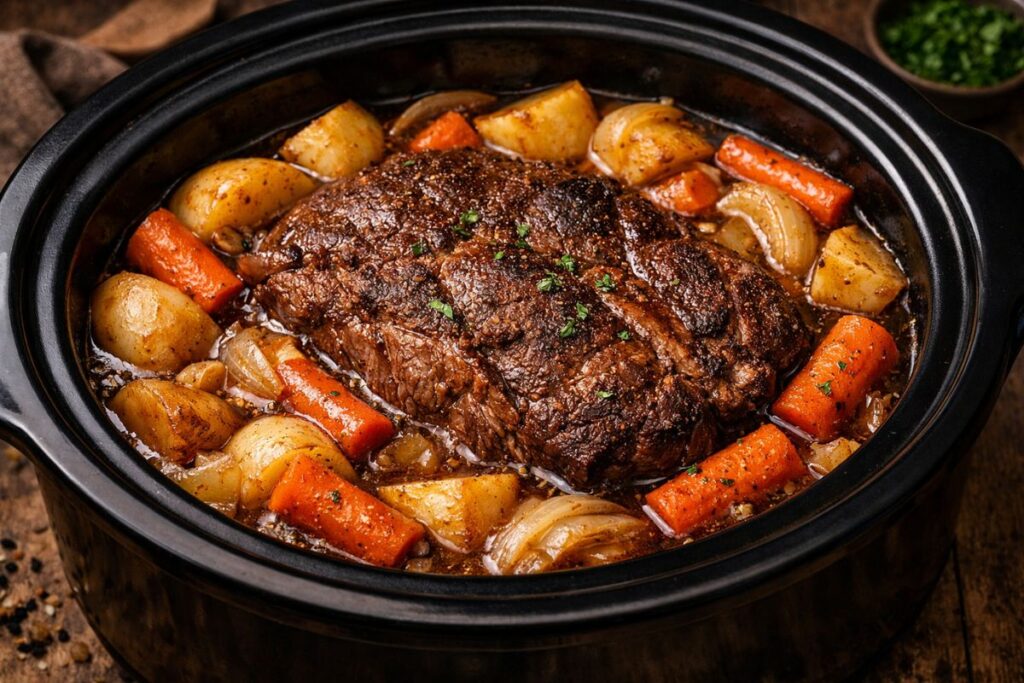Tender chuck roast slow cooked with carrots, potatoes, and onions in rich beef broth