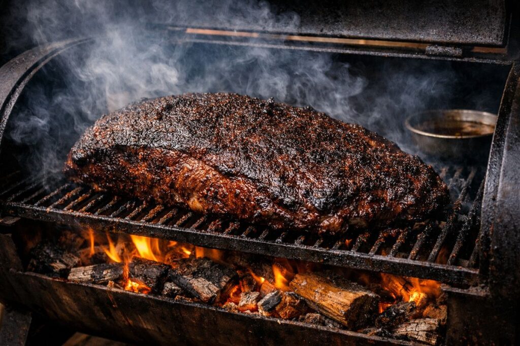 Whole beef brisket smoking slowly inside barbecue smoker with visible smoke and wood fire heat