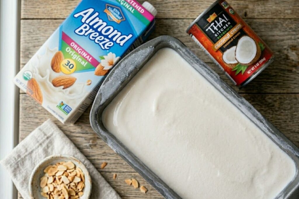 Smooth base for easy summer vegan desserts poured into a metal baking pan.