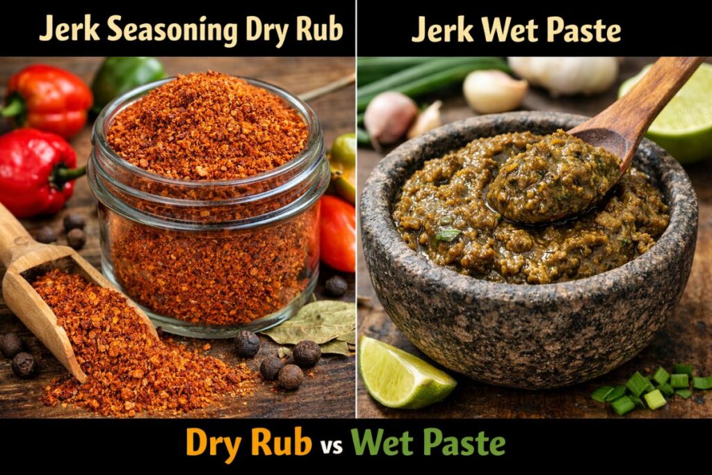 Side-by-side comparison of vibrant red Jamaican jerk seasoning dry rub in a jar and fresh green-brown wet jerk paste marinade in a small stone bowl.