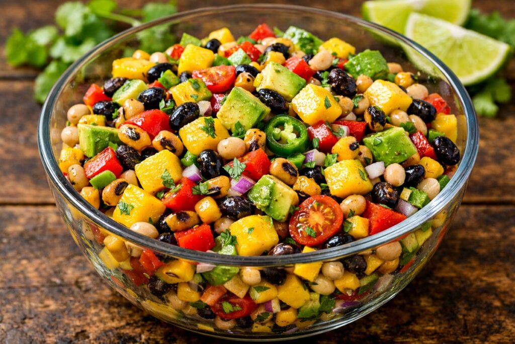 A colorful variation of Texas caviar dip featuring bright diced yellow mango, creamy avocado chunks, and fresh cilantro in a glass bowl.