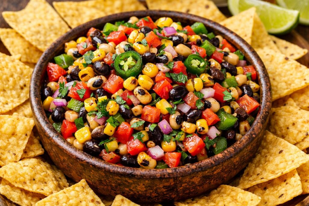 Easy Cowboy Caviar recipe with charred corn and fresh vegetables in a party bowl