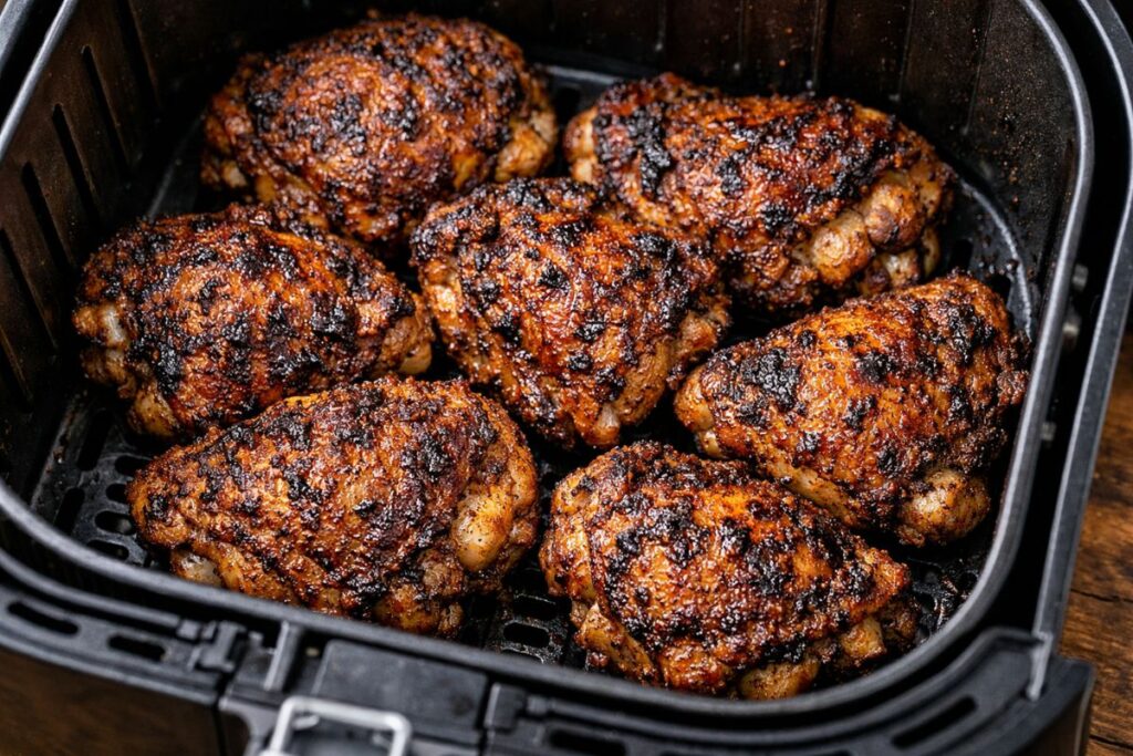 Golden brown, crispy air fryer jerk chicken thighs seasoned with homemade rub, served hot inside an air fryer basket.