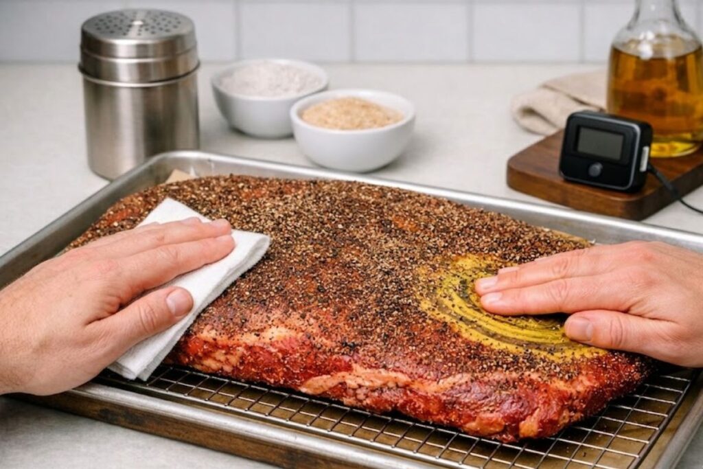 Applying beef brisket dry rub recipe with coarse black pepper from a high angle for even coverage.