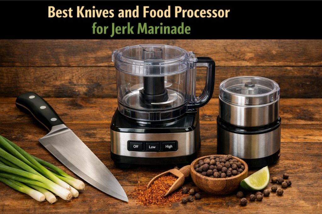 A high-speed food processor, a heavy-duty spice grinder, and a sharp chef's knife arranged on a wooden countertop next to fresh green onions and whole allspice berries.