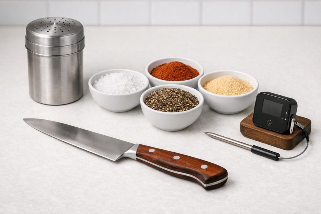 A clean kitchen counter featuring a stainless steel shaker jar, small bowls of individual spices, a sharp trimming knife, and a wireless meat thermometer. * *Image Title:* brisket-rub-prep-tools-shaker-jar