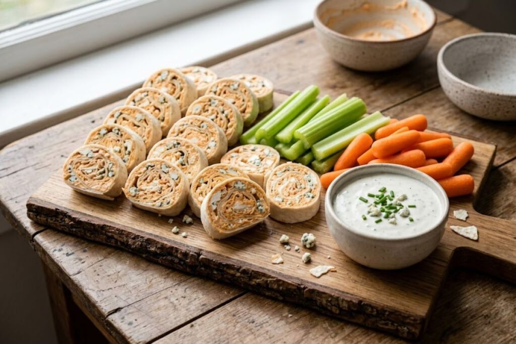 Party platter of buffalo chicken pinwheels arranged with celery sticks, carrot sticks, and a small bowl of ranch dip on a rustic serving board.