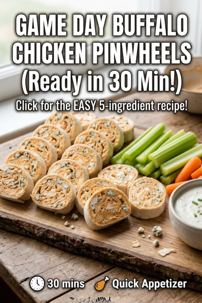 Buffalo chicken pinwheels served on a party platter with ranch dressing, celery sticks, and carrot sticks.