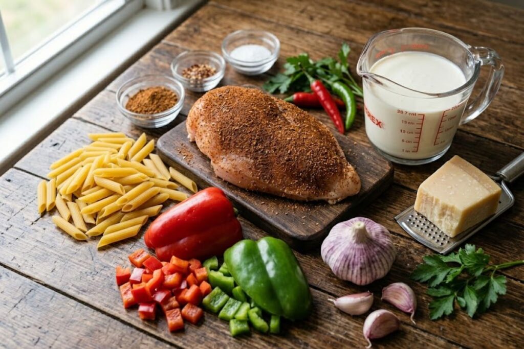Fresh ingredients arranged for creamy cajun chicken pasta including seasoned chicken breasts, penne pasta, bell peppers, garlic, cream, and parmesan cheese.