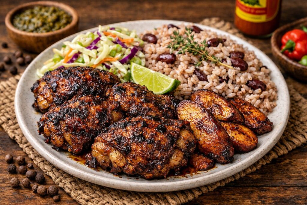 A complete Jamaican jerk chicken meal served on a plate with traditional rice and peas, fried sweet plantains, and a side of refreshing cabbage slaw.