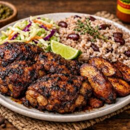 A complete Jamaican jerk chicken meal served on a plate with traditional rice and peas, fried sweet plantains, and a side of refreshing cabbage slaw