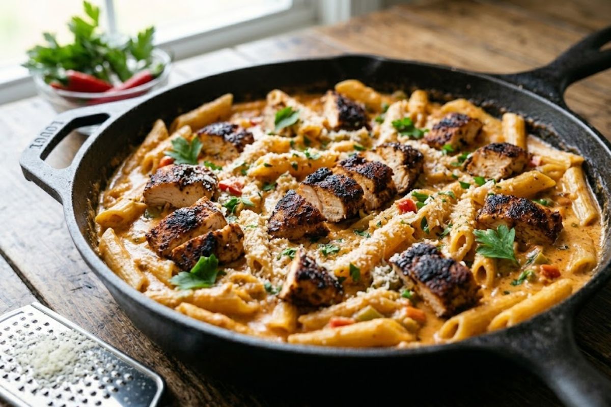 Close-up view of creamy cajun chicken pasta with blackened chicken pieces, penne pasta coated in a rich Cajun cream sauce, fresh parsley, and grated Parmesan cheese in a skillet.