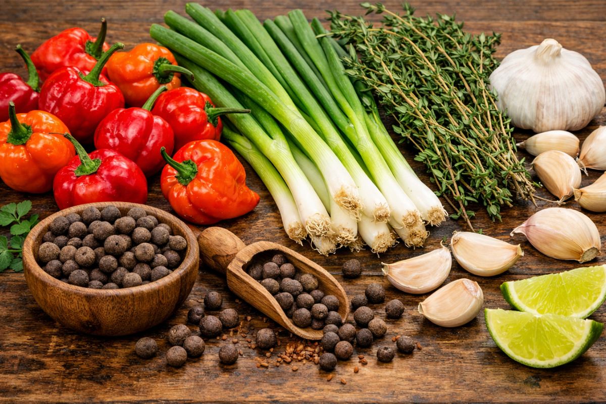 Fresh ingredients for homemade jerk chicken marinade spread out on a table, including bright red scotch bonnet peppers, green scallions, fresh thyme sprigs, garlic cloves, and whole pimento berries