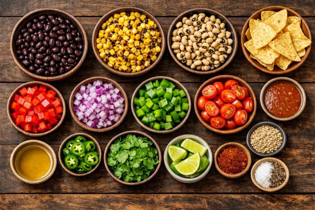 Fresh ingredients for easy cowboy caviar recipe including black beans, corn, peppers, and cilantro
