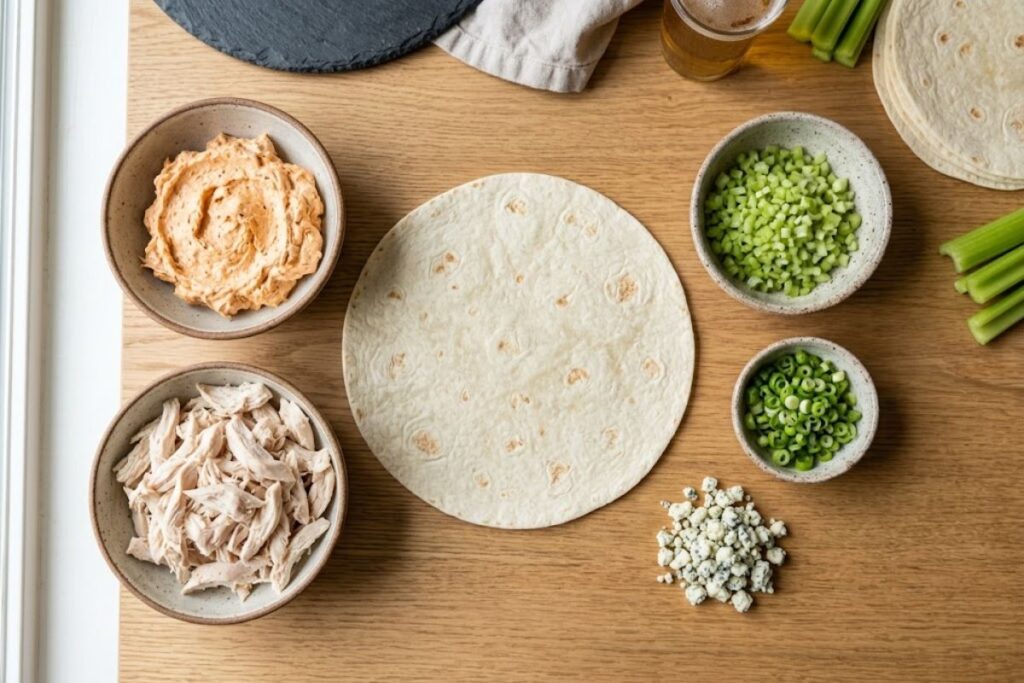 Overhead view of buffalo chicken pinwheel ingredients including shredded chicken breast, buffalo cream cheese mixture, minced celery, green onions, and flour tortillas arranged on a clean kitchen surface.