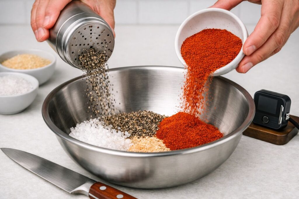 Mixing rub recipe for beef brisket in a stainless steel shaker jar with smoked paprika and garlic.