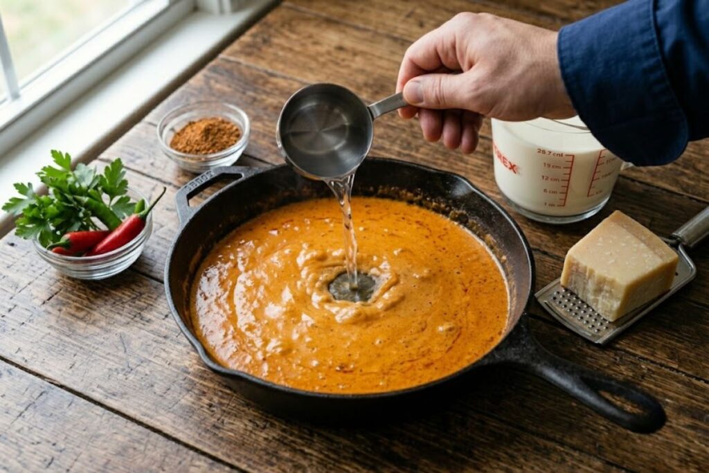 A chef pouring a small splash of clear pasta water into a simmering, velvety orange cajun cream sauce.