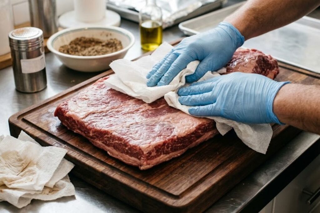 Patting raw beef brisket dry with paper towels before applying dry rub recipe brisket seasoning.