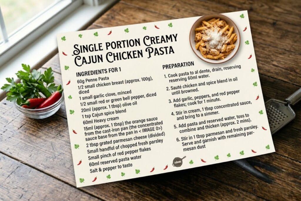 A printable recipe card format showing a single portion of creamy cajun chicken pasta dusted with cheese.