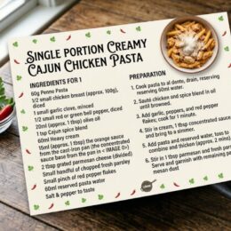 A beautifully styled recipe card showing creamy Cajun chicken pasta with tender chicken pieces, rich sauce, and a sprinkle of Parmesan cheese.