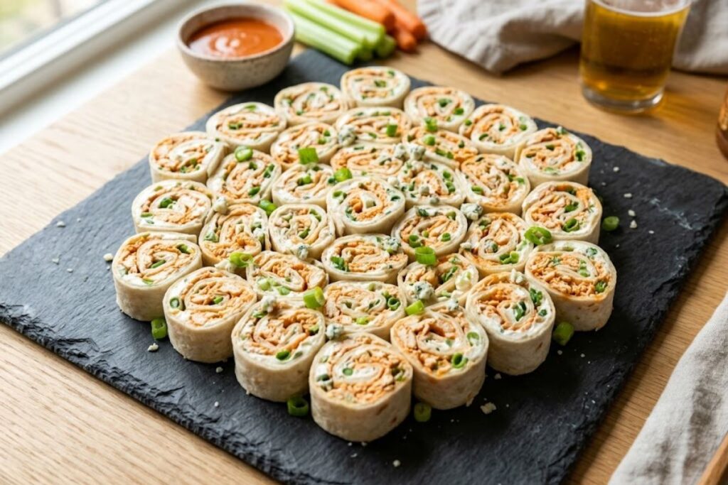 A beautiful geometric arrangement of buffalo chicken pinwheels on a slate platter, showing distinct, clean swirls of spicy buffalo chicken filling and fresh green scallions.