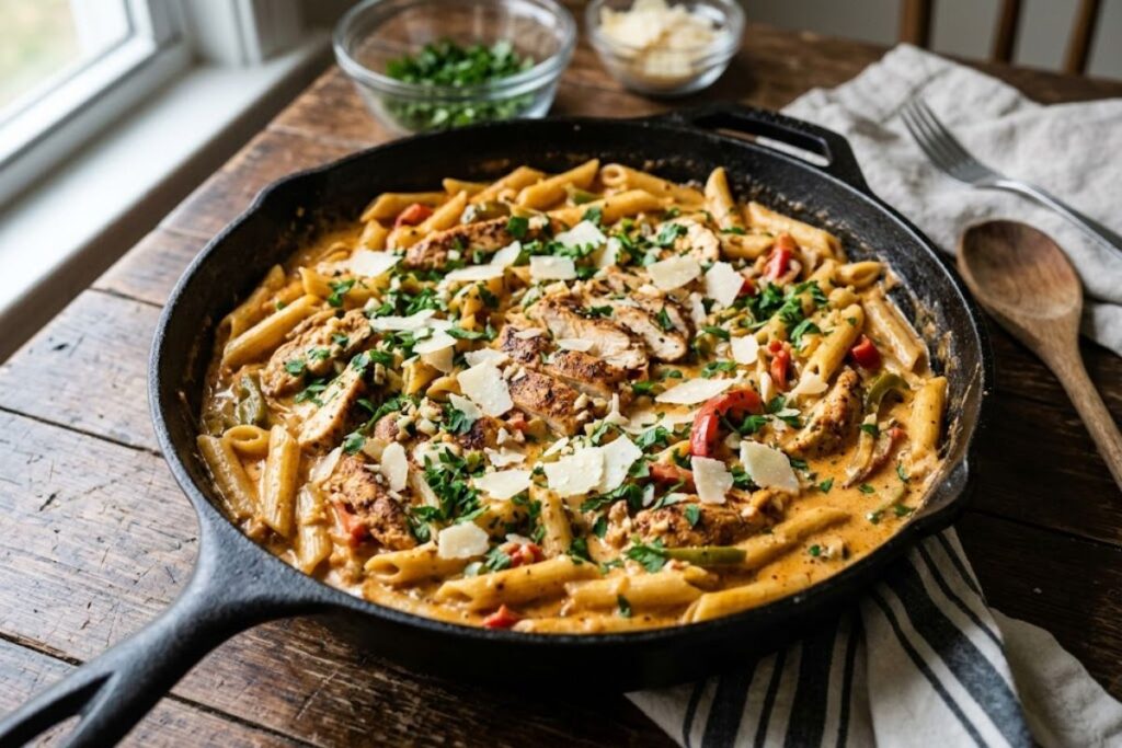 A large skillet filled with creamy cajun chicken pasta garnished with fresh chopped parsley and shaved parmesan cheese.