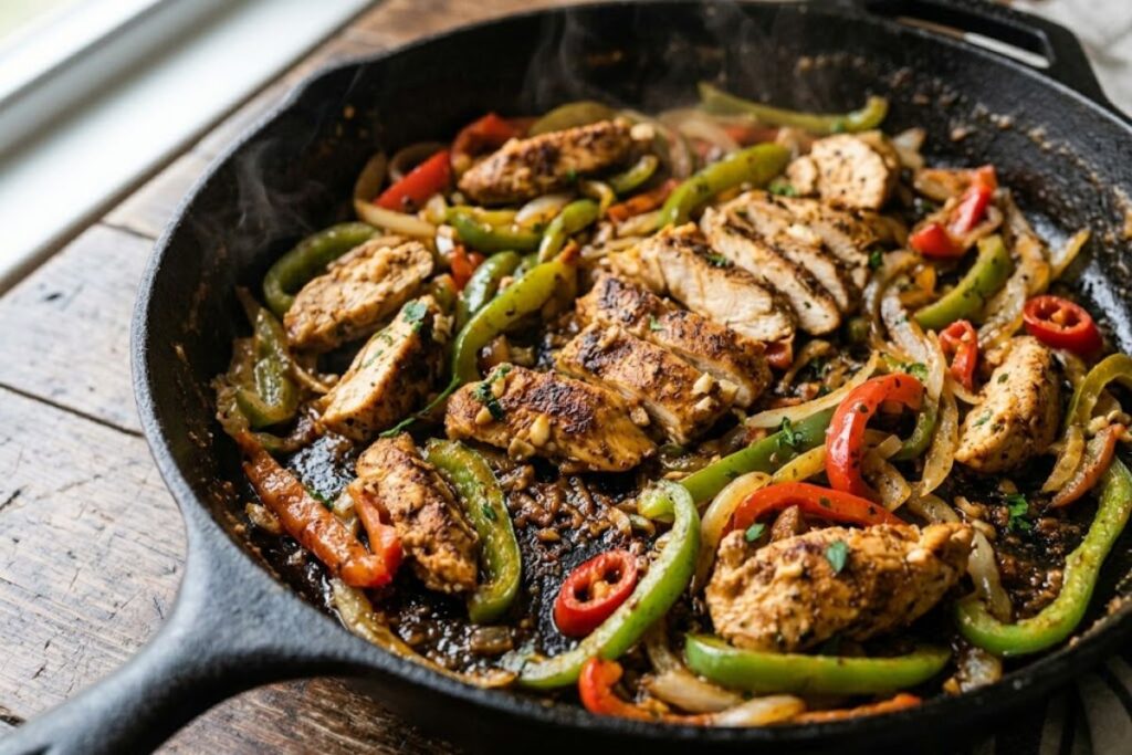A close-up of sliced bell peppers and onions cooking in a cast-iron skillet with golden browned bits of cajun chicken.